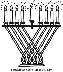 Hanukkiah with Candles (Hanukkah Menorah) Black and White Hand-Drawn Vector Illustration, EPS Format, High-Quality