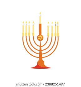 Hanukkiah with glowing candles on white background