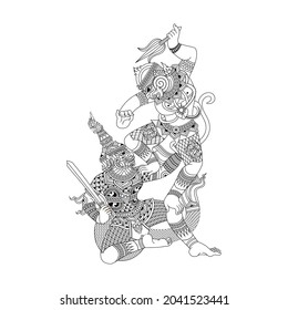 Hanuman fight with giant Thai Ramayana illustration. tattoos of Hanuman Fight