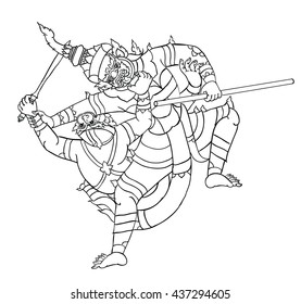 Hanuman fight with giant Thai Ramayana literature illustration.