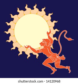 Hanuman the hindu ape god flying to catch the sun. He is one of the most important personalities in the Indian epic, the Ramayana. Hanuman the symbol of ultimate, power, strength,