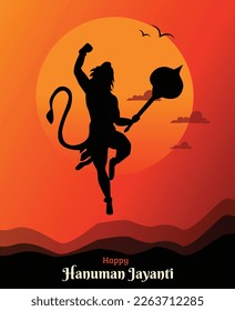 Hanuman Jayanti poster wallpaper design, Hindu God silhouette background, vector banner