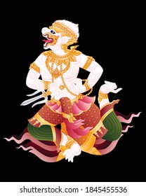Hanuman king monkey thai style art isolated on black graphic vector.
