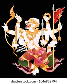 Arte estilo thai de mono rey de Hanuman aislado en vector gráfico negro.