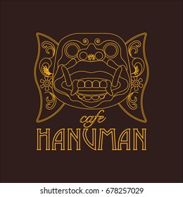 Hanuman mask of Ramayana story isolated on brown background. Line art drawn logo concept. 
