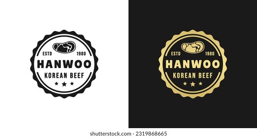 Hanwoo-Rindfleisch-Logo oder koreanisches Rindfleisch-Logo, Vektorgrafik einzeln auf ebene Art. bestes hanwoo-Rindfleisch-Logo oder Etikett für das beste Produkt. Elegantes koreanisches Rindfleisch-Siegel oder Logo für Originalfleisch aus Korea.