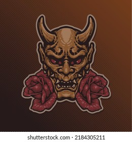 Hanya Devil Mask with with Rose Flower Vector Mascot Logo Illustration