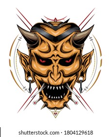 Hanya mask design for t-shirt. sticker, or poster. Harajuku Oni mask with sacred background.