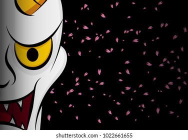 Hanya mask ; Evil ghost face on black with sakura, vector
