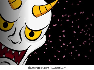Hanya mask ; Evil ghost face on black with sakura, vector