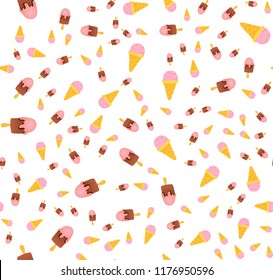 Haotic icecream seamless pattern vector background. Sweet party fashion fabric template. Tasty cartoon eskimo illustration. 