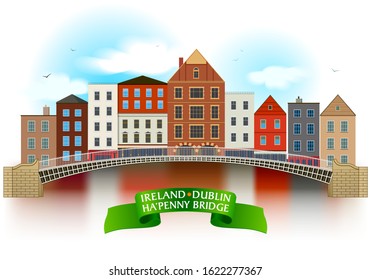 Ha'Penny bridge hand drawn artwork. Dublin architecture style on the white background.