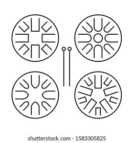 Hapi drum templates set. Handpan or glucophone icons with drum sticks. Adjustable stroke width.