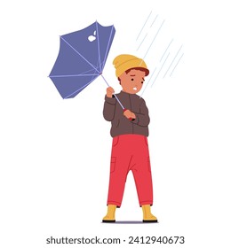 Hapless Boy Character Battles The Storm and Wind, His Fractured Umbrella A Feeble Shield. A Poignant Portrait Of Youthful Resilience Against Nature Relentless Whims. Cartoon People Vector Illustration