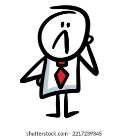 Hapless office worker in blue costume and red tie thinking of something. Vector illustration of unhappy businessman.