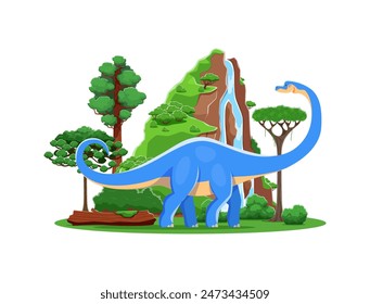 Haplocanthosaurus prehistoric cartoon dinosaur. Vector blue sauropod dino in lush landscape with towering trees, waterfall and cliffs. Ancient Jurassic or Mesozoic world, natural habitat of dinosaurs