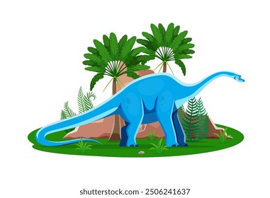 Haplocanthosaurus prehistoric dinosaur cartoon character. Isolated vector large herbivore ancient reptile dino animal in natural environment with green plants. Late Cretaceous paleontology era lizard