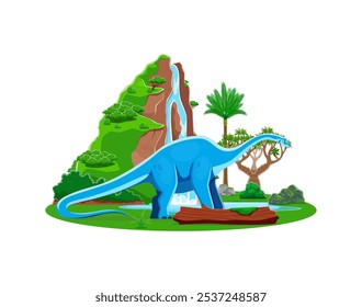 Haplocanthosaurus caráter dinossauro pré-histórico. Vetor de desenho animado isolado grande réptil herbívoro antigo animal dino em oásis natural com cachoeira e plantas verdes. Lagarto do Cretáceo tardio