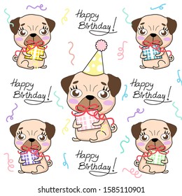 Happ birthday pug puppy seamless pattern design. Vector illustration.