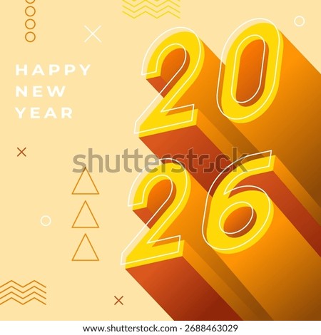 Happe New Year 2026 poster design with voluminous 3d numbers in yellow color. Stylish minimalistic design for 2026 poster