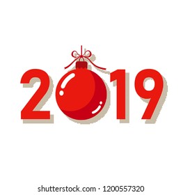 Happe New Year background. Isolated 2019 red numbers, bauble. Flat Christmas ball. Design for celebration card, holiday greeting, calendar, banner. Typography graphic Vector illustration