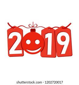 Happe New Year background. Isolated 2019 red numbers, tags, bauble, emoticon. Flat Christmas ball, smiling. Design celebration for card, promotion discount, sale banner Vector illustration