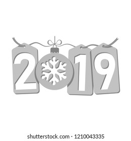 Happe New Year background. Isolated 2019 silver numbers, tags, bauble, snowflake. Flat Christmas ball. Design celebration card, promotion discount, calendar, sale banner Vector illustration