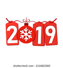 Happe New Year background. Isolated 2019 red numbers, tags, bauble, snowflake. Flat Christmas ball. Design celebration card, promotion discount, calendar, sale banner Vector illustration