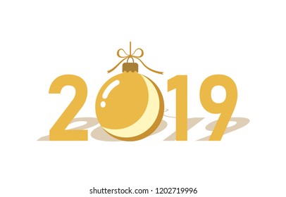 Happe New Year gold background. Isolated 2019 golden numbers, bauble. Flat Christmas ball. Design for celebration card, holiday greeting, calendar, banner. Typography graphic Vector illustration