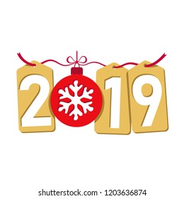 Happe New Year gold background. Isolated 2019 golden numbers, tags, bauble, snowflake. Flat Christmas red ball. Design celebration card, promotion discount, calendar, sale banner Vector illustration