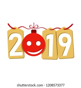 Happe New Year gold background. Isolated 2019 golden numbers, tags, bauble, emoticon. Flat Christmas ball, smiling. Design celebration for card, promotion discount, sale banner Vector illustration