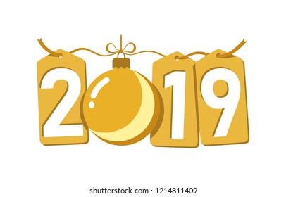 Happe New Year gold background. Isolated 2019 golden numbers, bauble. Flat Christmas ball. Design for celebration card, holiday greeting, calendar, banner. Typography graphic Vector illustration