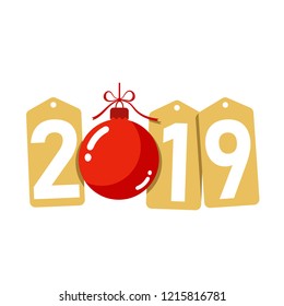 Happe New Year gold background. Isolated 2019 golden numbers, red bauble. Flat Christmas ball. Design for celebration card, holiday greeting, calendar, banner. Typography graphic Vector illustration
