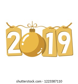 Happe New Year gold background. Isolated 2019 golden numbers, bauble. Flat Christmas ball. Design for celebration card, holiday greeting, calendar, banner. Typography graphic Vector illustration