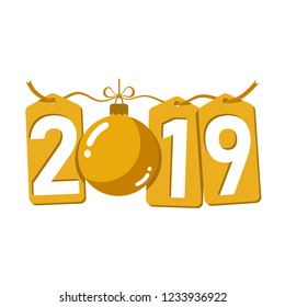 Happe New Year gold background. Isolated 2019 golden numbers, bauble. Flat Christmas ball. Design for celebration card, holiday greeting, calendar, banner. Typography graphic Vector illustration