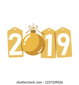 Happe New Year gold background. Isolated 2019 golden numbers, bauble. Flat Christmas ball. Design for celebration card, holiday greeting, calendar, banner. Typography graphic Vector illustration