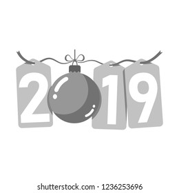 Happe New Year silver background. Isolated 2019 gray numbers, bauble. Flat Christmas ball. Design for celebration card, holiday greeting, calendar, banner. Typography graphic Vector illustration