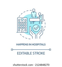 Ocurre en hospitales, icono del concepto turquesa. Cuidados paliativos característicos abstractos de idea de línea delgada. Dibujo de contorno aislado. Trazo editable. Fuentes Arial, Myriad Pro-Bold utilizadas