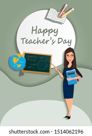 Happey Teacher's day- teacher with pointer and globe board pencils and book- Paper Cut Out -Vector Illustration