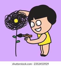 Happier Girl Overcoming Anxious Mind And Panic Attacks By Painting Them Flowers. Positive Thinking Art Therapy Concept Card Character illustration