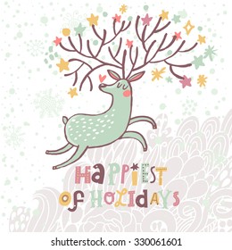 Happiest of holidays - lovely vector card with sweet deer in vector. Awesome reindeer with hearts and stars in horns under winter snowfall in cute cartoon style