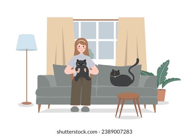 Happily cuddling beloved cat, Experiencing joy and comfort of pet ownership, Pet Adoption concept. Cartoon Vector Illustration.