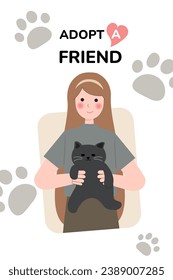 Happily cuddling beloved cat, Experiencing joy and comfort of pet ownership, Pet Adoption concept. Cartoon Vector Illustration.