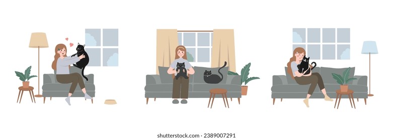 Happily cuddling beloved cat, Experiencing joy and comfort of pet ownership, Pet Adoption concept. Cartoon Vector Illustration.