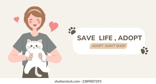 Happily cuddling beloved cat, Experiencing joy and comfort of pet ownership, Pet Adoption concept. Cartoon banner vector Illustration.