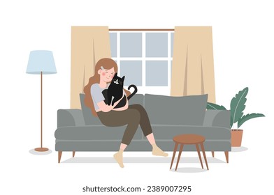 Happily cuddling beloved cat, Experiencing joy and comfort of pet ownership, Pet Adoption concept. Cartoon Vector Illustration.