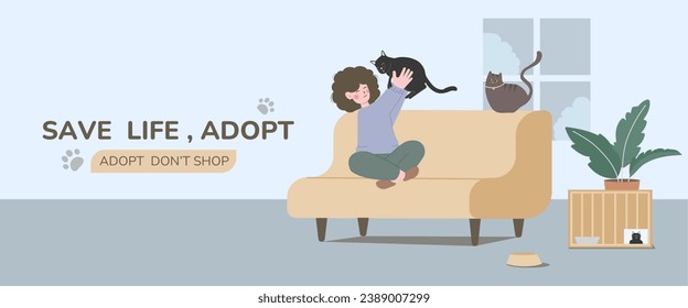 Happily cuddling beloved cat, Experiencing joy and comfort of pet ownership, Pet Adoption concept. Cartoon Vector Illustration.