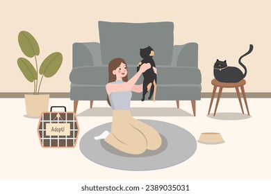 Happily cuddling beloved cat, Experiencing joy and comfort of pet ownership, Pet Adoption concept. Cartoon Vector Illustration.