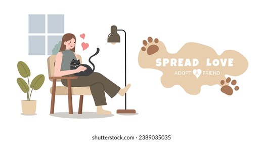 Happily cuddling beloved cat, Experiencing joy and comfort of pet ownership, Pet Adoption concept. Cartoon Vector Illustration.