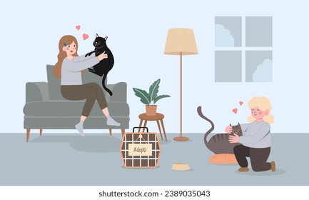 Happily cuddling beloved cat, Experiencing joy and comfort of pet ownership, Pet Adoption concept. Cartoon Vector Illustration.